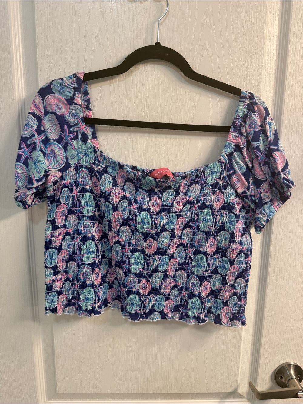 Simply Southern Navy Pink & Aqua Seashell Smocked Crop Top